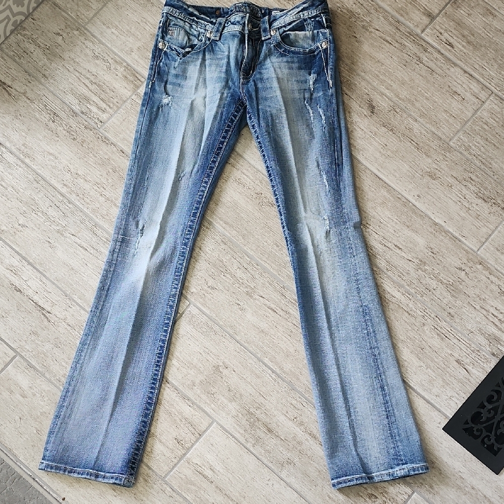 Blue Boot Cut Jeans with Distinctive Faded Pattern 33 in Inseam